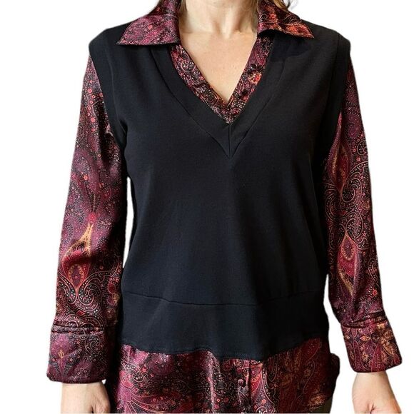 Susan Lawrence 2-in-1 Sweater Vest Satin Blouse Top - Medium - Picture 1 of 8